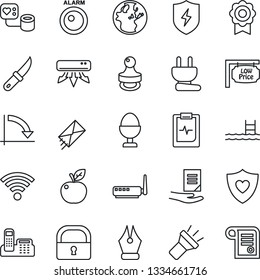 Thin Line Icon Set - crisis graph vector, document, garden knife, blood pressure, heart shield, pulse clipboard, protect, wireless, torch, lock, sertificate, ink pen, office phone, stamp, pool, mail