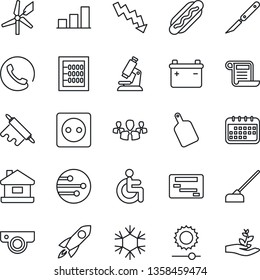 Thin Line Icon Set - crisis graph vector, hoe, microscope, scalpel, disabled, network, brightness, bar, abacus, house, phone, hot dog, rolling pin, cutting board, socket, web camera, snowflake