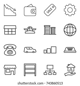 thin line icon set : crisis, wallet, sale, gear, market, scales, district, globe, phone, car shipping, sorting, taxi, shop, rack, hierarchy, housing