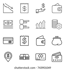 thin line icon set : crisis, receipt, investment, wallet, money, diagram, graph up, virtual mining, credit card, purse, dollar pin