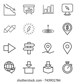 thin line icon set : crisis, presentation, graph, monitor arrow, up down, lightning, target, dollar pin, right, singlepost, geo, delivery, package, stopwatch