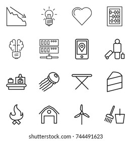 thin line icon set : crisis, bulb, heart, abacus, brain, server, mobile location, passenger, baggage checking, jellyfish, iron board, cake, fire, barn, windmill, bucket and broom