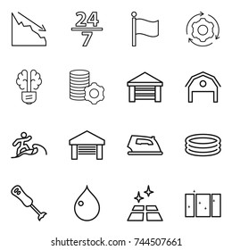 thin line icon set : crisis, 24 7, flag, around gear, bulb brain, virtual mining, garage, barn, surfer, iron, inflatable pool, blender, drop, clean floor, window