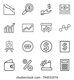 thin line icon set : crisis, dollar magnifier, investment, money, diagram, statistics, presentation, graph, crypto currency, coin, receipt, wallet, percent, cashbox, calculator