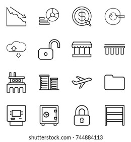 thin line icon set : crisis, diagram, dollar arrow, cell corection, cloude service, unlock, market, bridge, factory, district, plane, documents, atm, safe, locked, rack