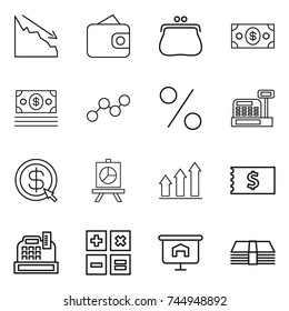 thin line icon set : crisis, wallet, purse, money, graph, percent, cashbox, dollar arrow, presentation, up, receipt, calculator