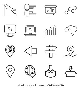 thin line icon set : crisis, diagram, presentation, graph, monitor arrow, notebook, up, cloude service, dollar pin, left, singlepost, geo, delivery, package