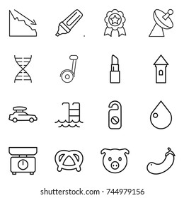 thin line icon set : crisis, marker, medal, satellite antenna, dna, segway, lipstick, tower, car baggage, pool, do not distrub, drop, kitchen scales, pretzel, pig, eggplant