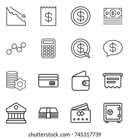 thin line icon set : crisis, receipt, dollar, money, graph, calculator, arrow, message, virtual mining, credit card, wallet, atm, library, safe