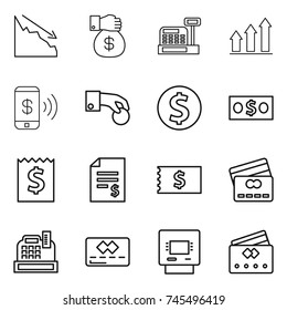 thin line icon set : crisis, money gift, cashbox, graph up, phone pay, hand coin, dollar, receipt, account balance, credit card, atm