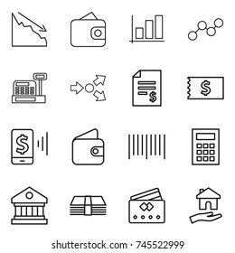 thin line icon set : crisis, wallet, graph, cashbox, core splitting, account balance, receipt, mobile pay, bar code, calculator, library, money, credit card, housing