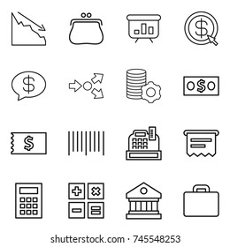 thin line icon set : crisis, purse, presentation, dollar arrow, money message, core splitting, virtual mining, receipt, bar code, cashbox, atm, calculator, library, suitcase