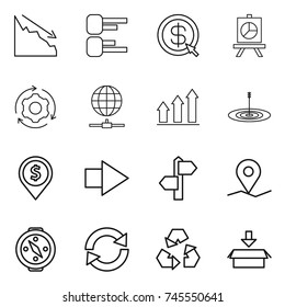 thin line icon set : crisis, diagram, dollar arrow, presentation, around gear, globe connect, graph up, target, pin, right, signpost, geo, compass, reload, recycling, package