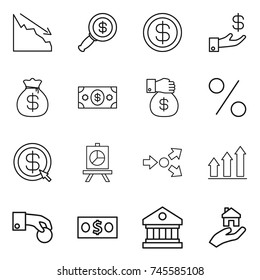 thin line icon set : crisis, dollar magnifier, investment, money bag, gift, percent, arrow, presentation, core splitting, graph up, hand coin, library, real estate