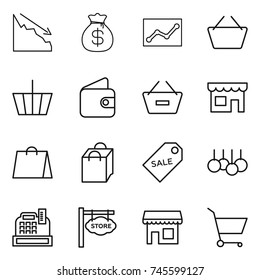 thin line icon set : crisis, money bag, statistics, basket, wallet, remove from, shop, shopping, sale label, cashbox, store signboard, cart