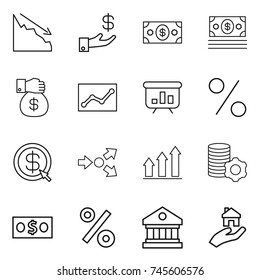 thin line icon set : crisis, investment, money, gift, statistics, presentation, percent, dollar arrow, core splitting, graph up, virtual mining, library, real estate