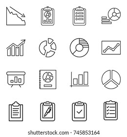 thin line icon set : crisis, report, clipboard, diagram, circle, statistics, presentation, annual, graph, pen, check, list