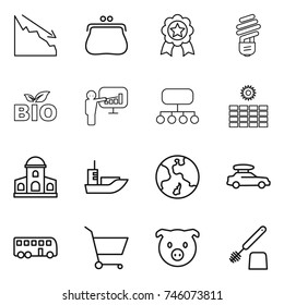 thin line icon set : crisis, purse, medal, bulb, bio, presentation, structure, sun power, mansion, sea shipping, earth, car baggage, bus, cart, pig, toilet brush