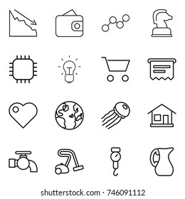 thin line icon set : crisis, wallet, graph, chess horse, chip, bulb, cart, atm receipt, heart, globe, jellyfish, home, water tap, vacuum cleaner, handle scales, jug