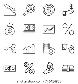 thin line icon set : crisis, dollar magnifier, investment, money bag, statistics, percent, core splitting, graph up, virtual mining, hand coin, real estate