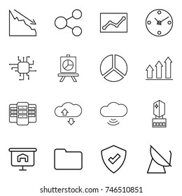 thin line icon set : crisis, share, statistics, clock, chip, presentation, diagram, graph up, server, cloude service, cloud wireless, crystall memory, documents, protected, satellite antenna