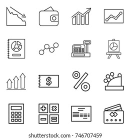 thin line icon set : crisis, wallet, diagram, statistics, annual report, graph, cashbox, presentation, up, receipt, percent, calculator, invoice, credit card