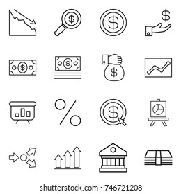 thin line icon set : crisis, dollar magnifier, investment, money, gift, statistics, presentation, percent, arrow, core splitting, graph up, library