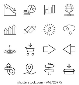 thin line icon set : crisis, diagram, graph, globe connect, up, down arrow, lightning, cloude service, target, add to cart, right, left, trip, geo pin, signpost, package