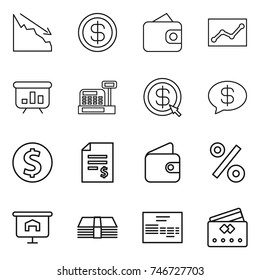 thin line icon set : crisis, dollar, wallet, statistics, presentation, cashbox, arrow, money message, coin, account balance, percent, invoice, credit card