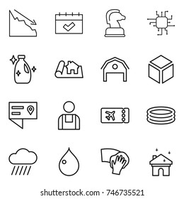 thin line icon set : crisis, calendar, chess horse, chip, cleanser, project, barn, 3d, location details, workman, ticket, inflatable pool, rain cloud, drop, wiping, house cleaning