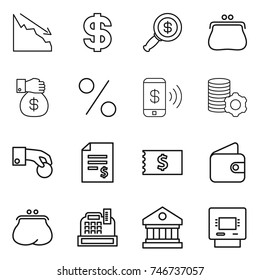 thin line icon set : crisis, dollar, magnifier, purse, money gift, percent, phone pay, virtual mining, hand coin, account balance, receipt, wallet, cashbox, library, atm