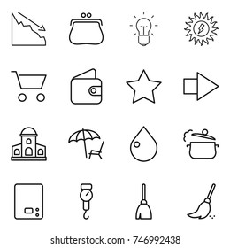 thin line icon set : crisis, purse, bulb, sun power, cart, wallet, star, right arrow, mansion, lounger, drop, steam pan, kitchen scales, handle, broom