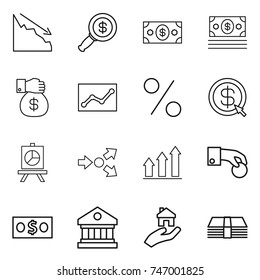 thin line icon set : crisis, dollar magnifier, money, gift, statistics, percent, arrow, presentation, core splitting, graph up, hand coin, library, real estate
