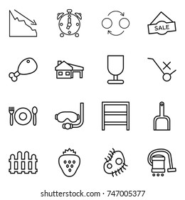 thin line icon set : crisis, alarm clock, quantum bond, sale, chicken leg, house with garage, fragile, do not trolley sign, cafe, diving mask, rack, scoop, fence, strawberry, microb, vacuum cleaner
