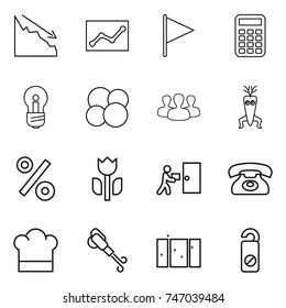 Thin Line Icon Set : Crisis, Statistics, Flag, Calculator, Bulb, Atom Core, Group, Dna Modify, Percent, Perishable, Courier Delivery, Phone, Cook Hat, Blower, Clean Window, Do Not Distrub