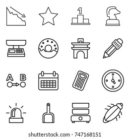thin line icon set : crisis, star, pedestal, chess horse, market scales, donut, arch, pencil, route a to b, calendar, inflatable mattress, watch, alarm, scoop, double boiler, bug