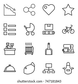 thin line icon set : crisis, share, heart, star, list, baby stroller, transporter tape, bike, inspector, radiator, scoop, coffee maker, meal cap, lemon, hierarchy, apron