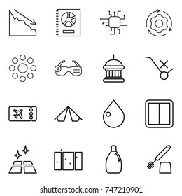 thin line icon set : crisis, annual report, chip, around gear, round, smart glasses, goverment house, do not trolley sign, ticket, tent, drop, power switch, clean floor, window, cleanser