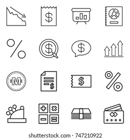 thin line icon set : crisis, receipt, presentation, annual report, percent, dollar arrow, money message, graph up, crypto currency, account balance, cashbox, calculator, credit card
