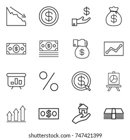 thin line icon set : crisis, dollar, investment, money bag, gift, statistics, presentation, percent, arrow, graph up, real estate