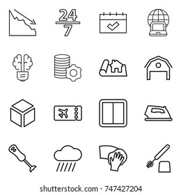 thin line icon set : crisis, 24 7, calendar, notebook globe, bulb brain, virtual mining, project, barn, 3d, ticket, power switch, iron, blender, rain cloud, wiping, toilet brush