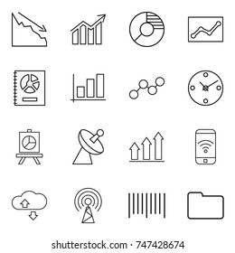 thin line icon set : crisis, diagram, circle, statistics, annual report, graph, clock, presentation, satellite antenna, up, phone wireless, cloude service, bar code, documents