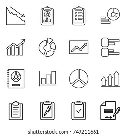 thin line icon set : crisis, report, clipboard, diagram, circle, statistics, annual, graph, up, pen, check, inventory