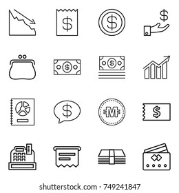 thin line icon set : crisis, receipt, dollar, investment, purse, money, diagram, annual report, message, crypto currency, cashbox, atm, credit card