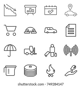 thin line icon set : crisis, presentation, calendar, car pointer, cart, dome house, shipping, document, dry cargo, fork loader, passenger, wireless, measuring cup, pancakes, fire, hand leaf