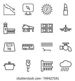 thin line icon set : crisis, monitor arrow, sun power, lipstick, church, house with garage, panel, plane, heavy, bus, lounger, water tap, pan, handle scales, watering, rain cloud