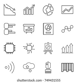 thin line icon set : crisis, diagram, circle, statistics, presentation, annual report, graph, chip, up, wireless, cloude service, crystall memory, bar code