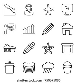 thin line icon set : crisis, call center, plane, monitor arrow, presentation, graph up, pencil, home, house with garage, starfish, stool, pan, pancakes, rain cloud, bucket