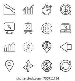 thin line icon set : crisis, diagram, stopwatch, dollar arrow, monitor, presentation, around gear, notebook, graph up, lightning, pin, left, geo, route, compass, reload