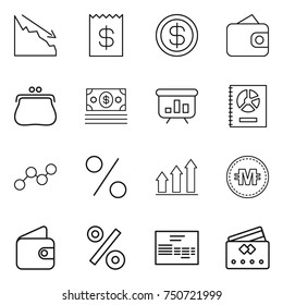 thin line icon set : crisis, receipt, dollar, wallet, purse, money, presentation, annual report, graph, percent, up, crypto currency, invoice, credit card